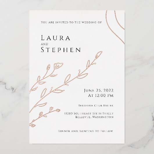 Moderne Botanische Hochzeit Folieneinladung (Vorderseite)