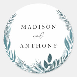 Moderne Botanische Hochzeit mit Aquamarinem Blauem Runder Aufkleber