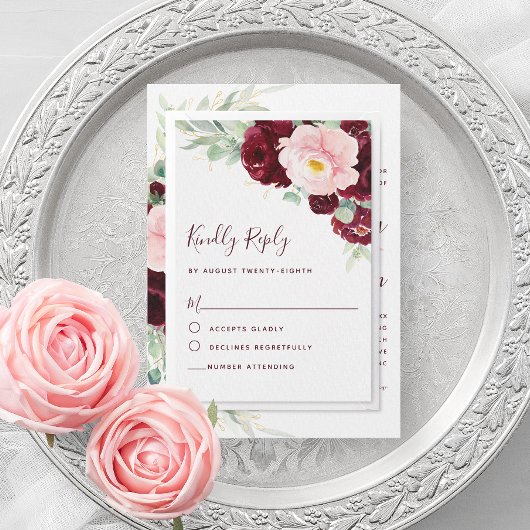 Moderne Botanische Hochzeit mit dem Burgund RSVP Karte