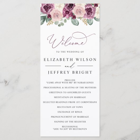 Moderne Botanische Hochzeit mit floralen Pflaumen Programm (Vorderseite)