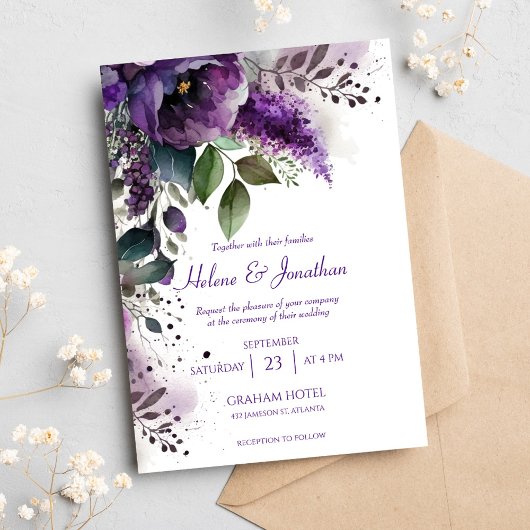 Moderne Botanische Hochzeit mit Lila Blumen Einladung