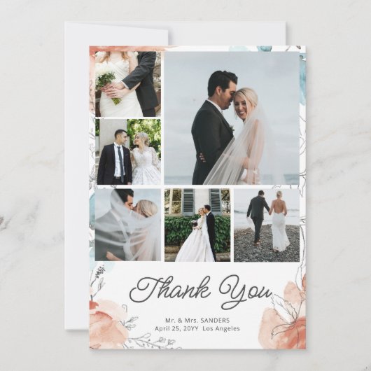 Moderne botanische Hochzeit mit mehreren Fotos Dankeskarte (Vorderseite)