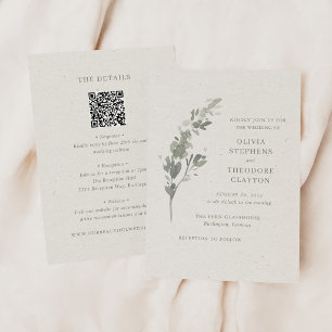 Moderne Botanische Hochzeit mit QR-Code in Salbeig Einladung