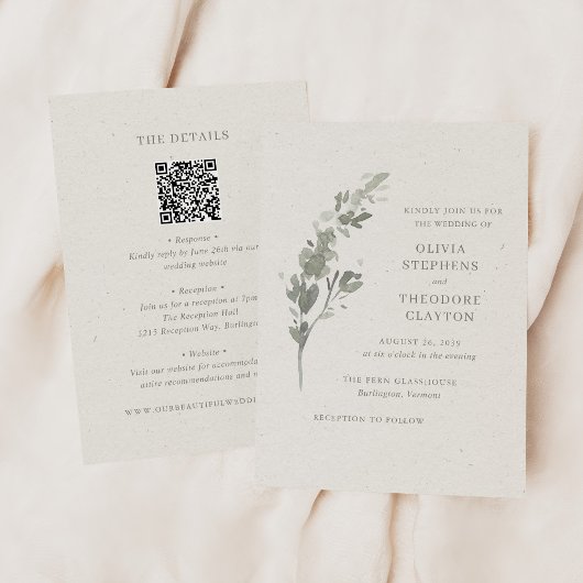 Moderne Botanische Hochzeit mit QR-Code in Salbeig Einladung