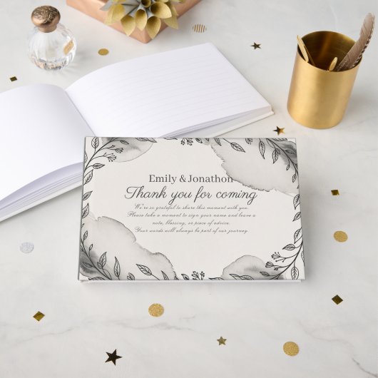 Moderne botanische Hochzeit Schwarz-Weiß Gästebuch (Vorderseite Offen)
