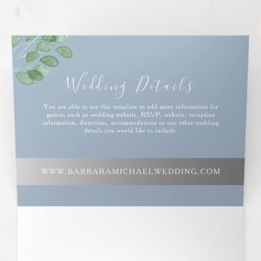 Moderne botanische Hochzeit von Dusty Blue Dreifach Gefaltete Einladung (Innen Erste Seite)