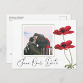 Moderne botanische Hochzeiten mit rotem Flor rette Ankündigungspostkarte (Vorne/Hinten)