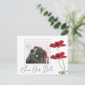 Moderne botanische Hochzeiten mit rotem Flor rette Ankündigungspostkarte (Stehend Vorderseite)