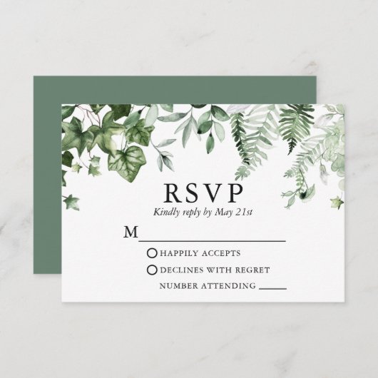 Moderne botanische Ivy Ferns Sage Green Wedding RSVP Karte (Vorne/Hinten)