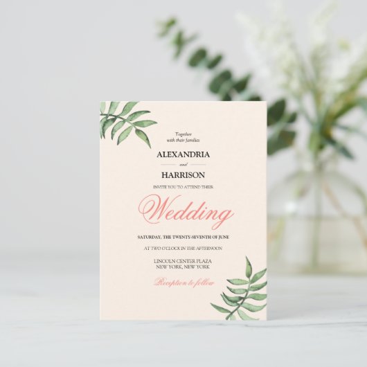 Moderne botanische Korallenhochzeit Postkarte (Stehend Vorderseite)