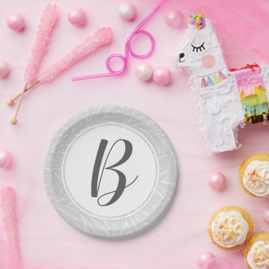 Moderne Botanische Leaf-Silber-Monogramm-Hochzeit Pappteller (Party)