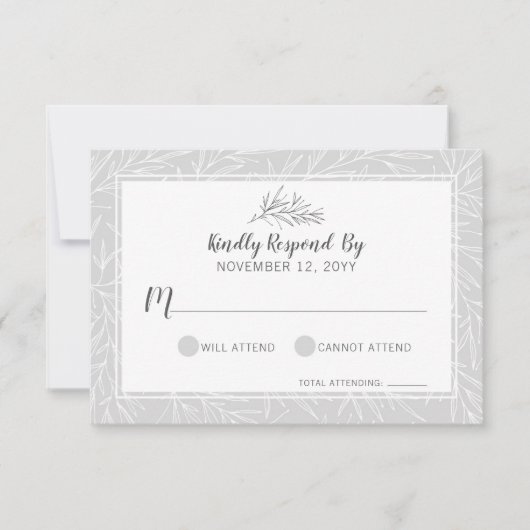 Moderne botanische Leaf Silver Wedding RSVP Card (Vorderseite)