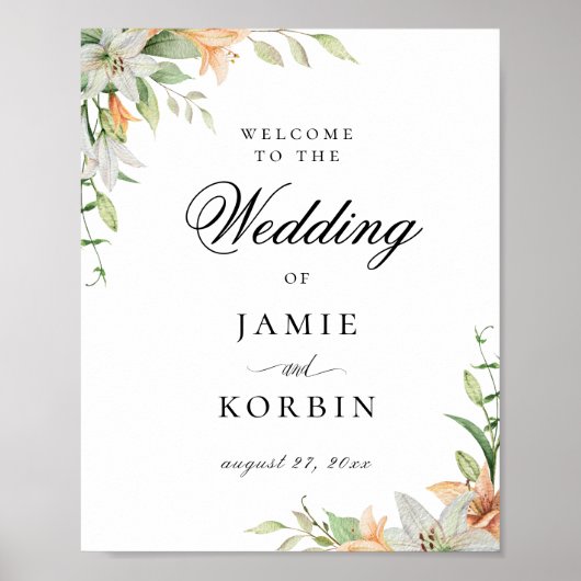 Moderne Botanische Lily Floral Wedding Willkommen Poster (Vorne)
