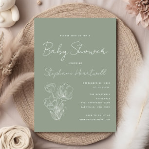 Moderne botanische Linienkunst Hellgrüne Babyparty Einladung