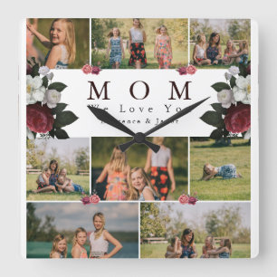 Moderne botanische Mama Flora 8 Foto Collage Gesch Quadratische Wanduhr