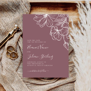 Moderne botanische Mauve- und weiße Linienkunst Save The Date