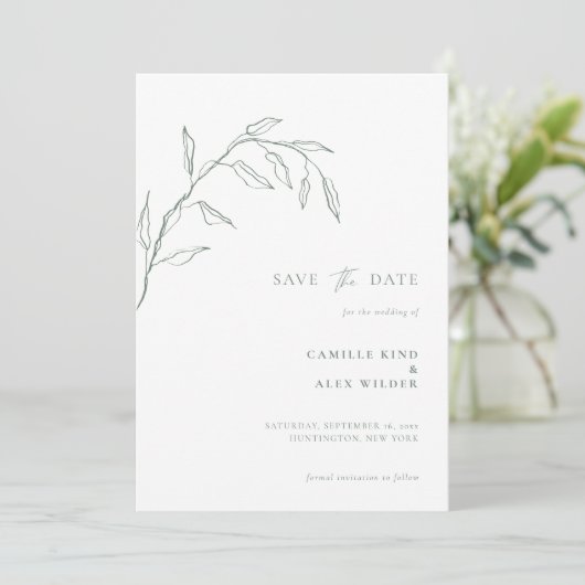 Moderne botanische Minimaldecke Save The Date (Stehend Vorderseite)
