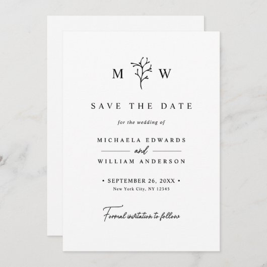 Moderne Botanische Monogramm-Initialen Hochzeit Save The Date (Vorne/Hinten)