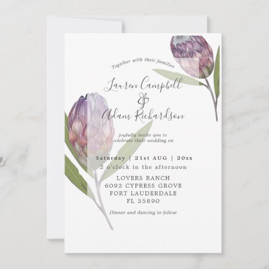 Moderne Botanische Protea Lila Hochzeit Einladung (Vorderseite)