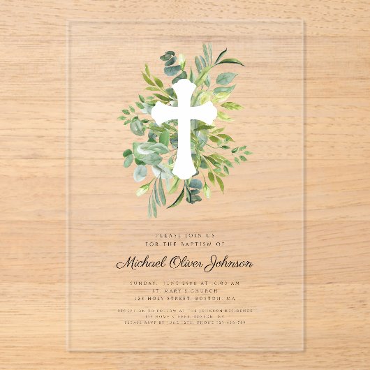 Moderne botanische Religiöse Kreuztaufe Acryleinladungen (Vorderseite)