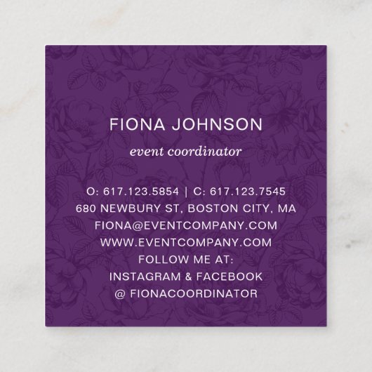 Moderne botanische Rose Schwarz-Weiß-Lila Hinwendu Quadratische Visitenkarte (Rückseite)