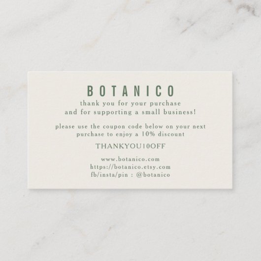 Moderne botanische Sage Cream Floral Vielen Dank Visitenkarte (Rückseite)