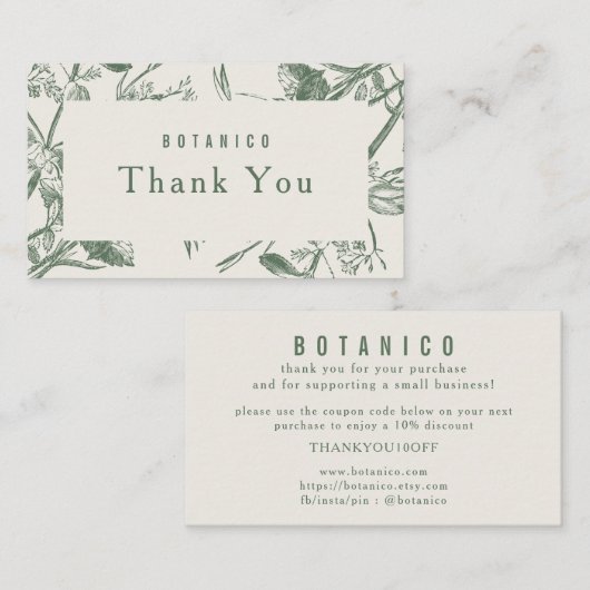 Moderne botanische Sage Cream Floral Vielen Dank Visitenkarte (Vorne/Hinten)