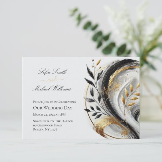 Moderne botanische Schwarz-weiß- und Goldhochzeit  Einladung (Stehend Vorderseite)