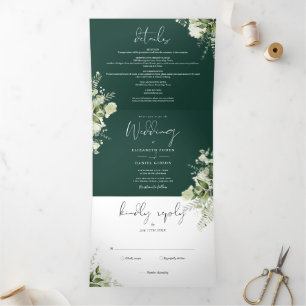 Moderne botanische Smaragd-Grün-Foto-Hochzeit Dreifach Gefaltete Einladung