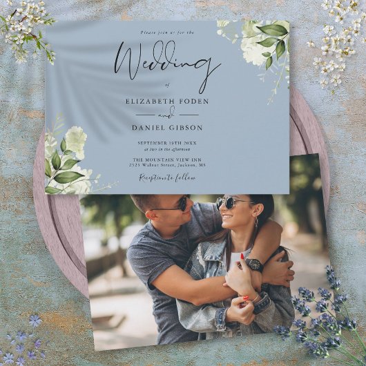 Moderne botanische Vegetation Dusty Blue Foto Wedd Einladung