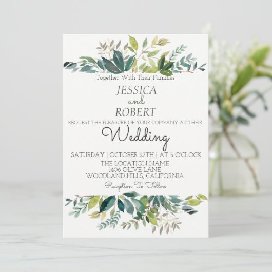 Moderne botanische Vegetation Hochzeit Einladung (Stehend Vorderseite)