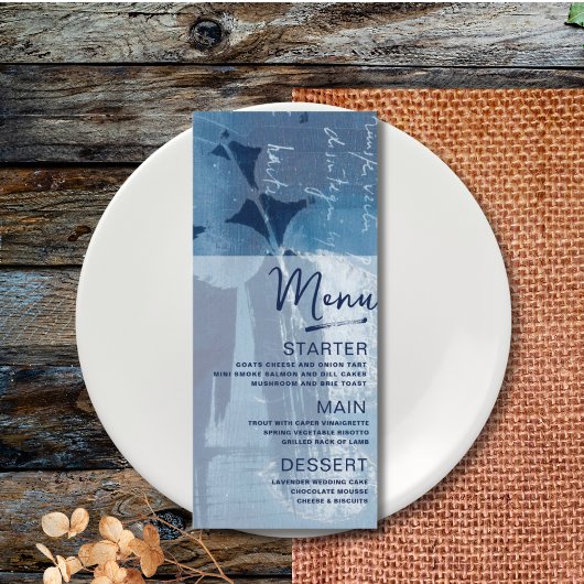 Moderne botanische Zyanblau-Hochzeit Menükarte