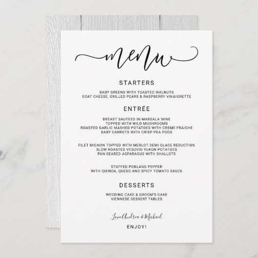 Moderne Bounce Kalligraphie Wirbel (Schwarz) Hochz Menükarte (Vorne/Hinten)