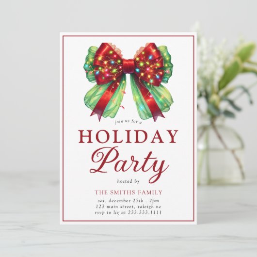 Moderne Bow Christmas Lights Holiday Party Einladung (Stehend Vorderseite)