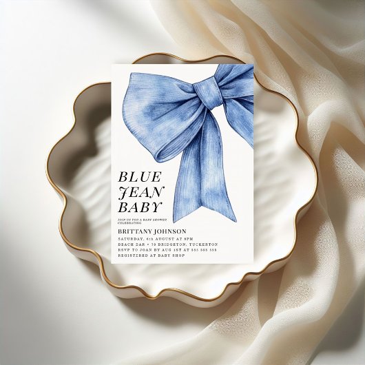 Moderne Bow Denim Baby Dusche Einladung