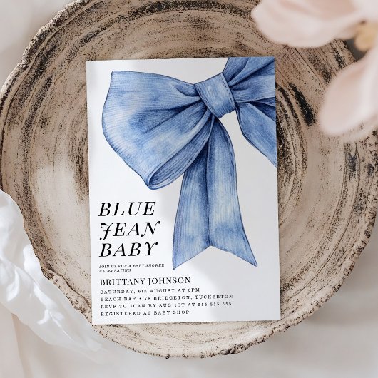 Moderne Bow Denim Baby Dusche Einladung