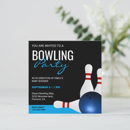 Moderne Bowling Baby Dusche Einladung (Stehend Vorderseite)