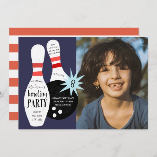 Moderne Bowling Blue & Red Birthday Party Einladung (Vorne/Hinten)