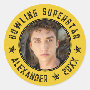 Moderne Bowling Superstar Gelber Name Foto Datum   Runder Aufkleber