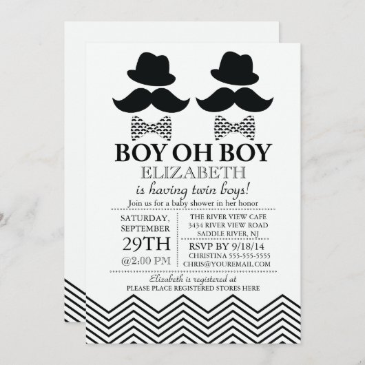 Moderne Boy Little Man Mustache TWINS Kinderdusche Einladung (Vorne/Hinten)