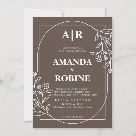 Moderne Braun-Blumen-Hochzeitsfeier Einladung (Vorderseite)