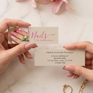 Moderne Bräune Fuchsiarosa Schrift Foto Nagelstudi Mini Visitenkarte