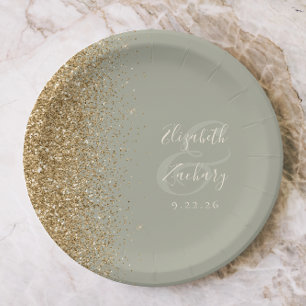 Moderne Brautjungfern-Grün-Gold-Glitter-Rand-Hochz Pappteller