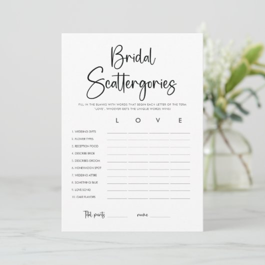 Moderne Brautparty Scattergories Game Card Einladung (Stehend Vorderseite)