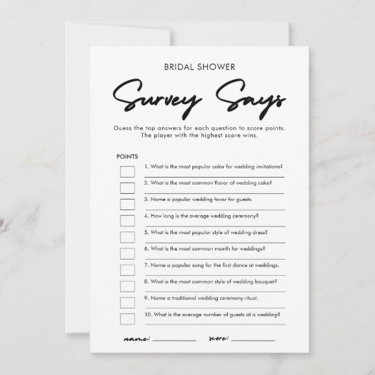 Moderne Brautparty-Umfrage sagt Spielkarte Einladung (Vorderseite)