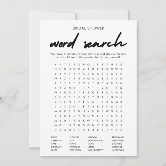 Moderne Brautparty Word Search Game Card Einladung (Vorderseite)