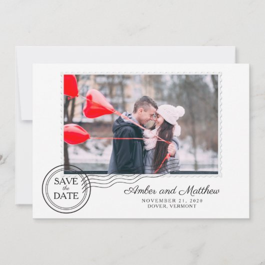 Moderne Briefmarke Hochzeit Foto Save the Date (Vorderseite)