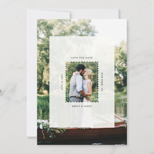 Moderne Briefmarken-Hochzeitsfoto-QR-Code Save The Date (Vorderseite)