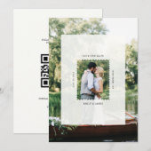 Moderne Briefmarken-Hochzeitsfoto-QR-Code Save The Date (Vorne/Hinten)