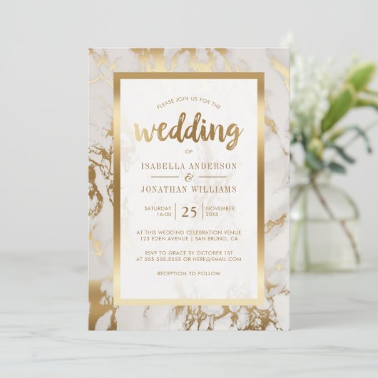 Moderne Bronze & Marmorhochzeit Einladung (Stehend Vorderseite)